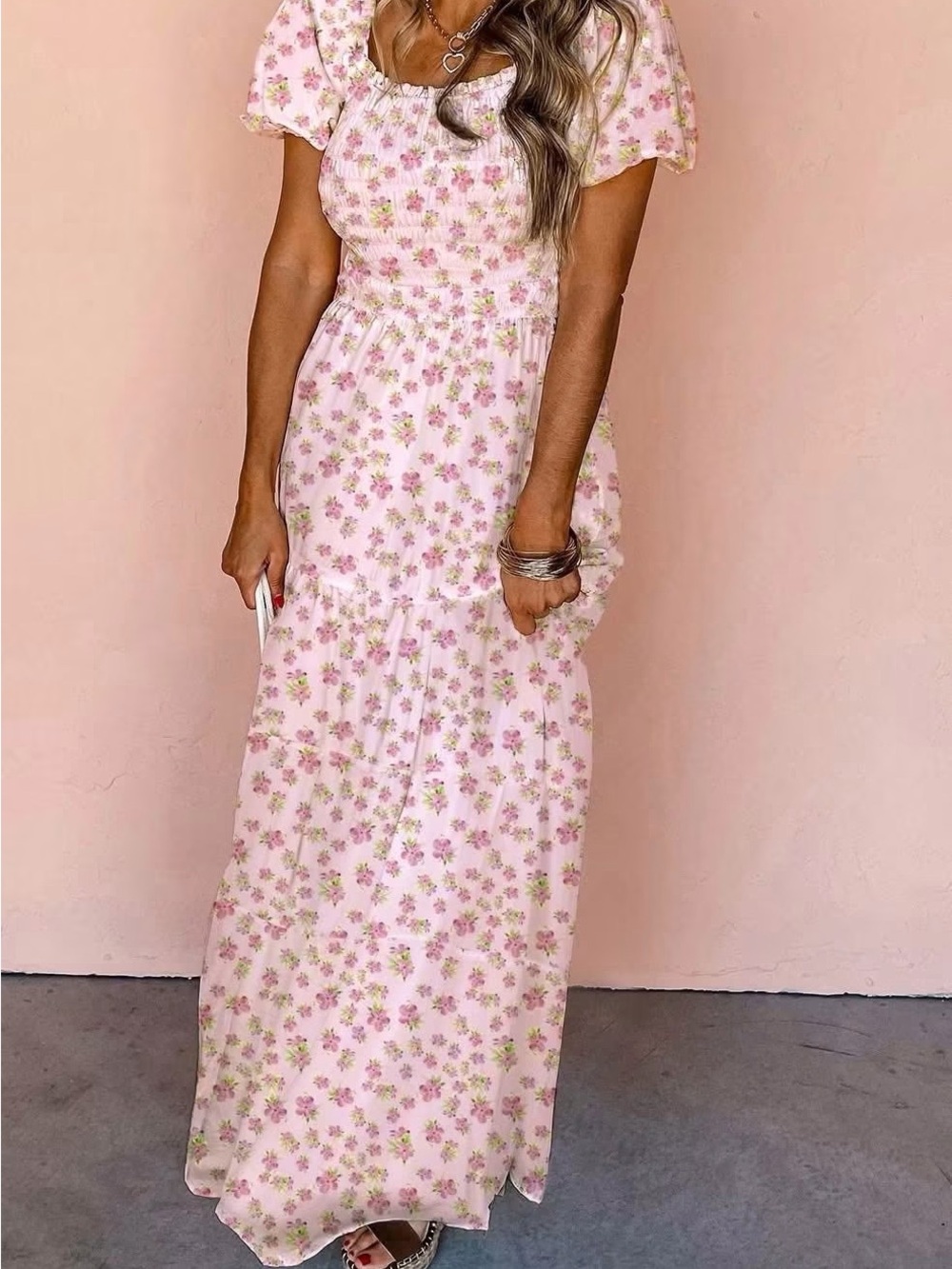 Floral Smocked Maxi Dress in Light Pink